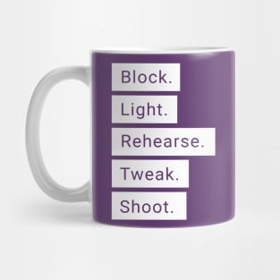 Block. Light. Rehearse. Tweak. Shoot. Mug